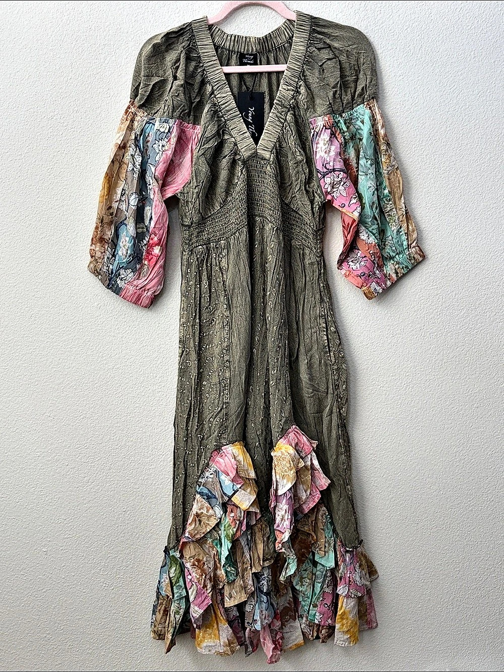 Young Threads Floral Embroidered Maxi Dress in Green & Pink Size Medium